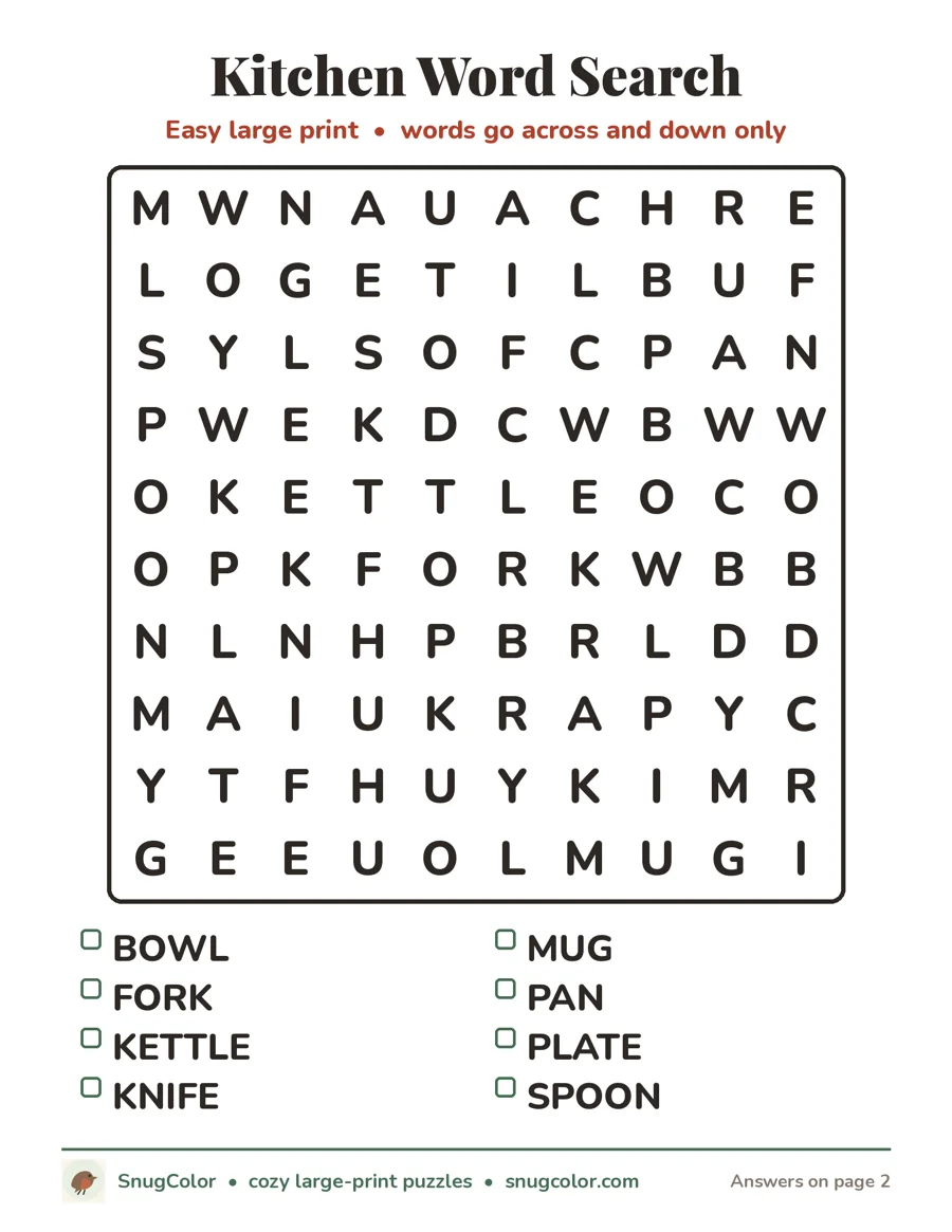 Kitchen Word Search, large print printable puzzle