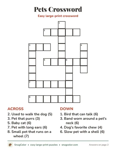 Pets Crossword: free large print printable