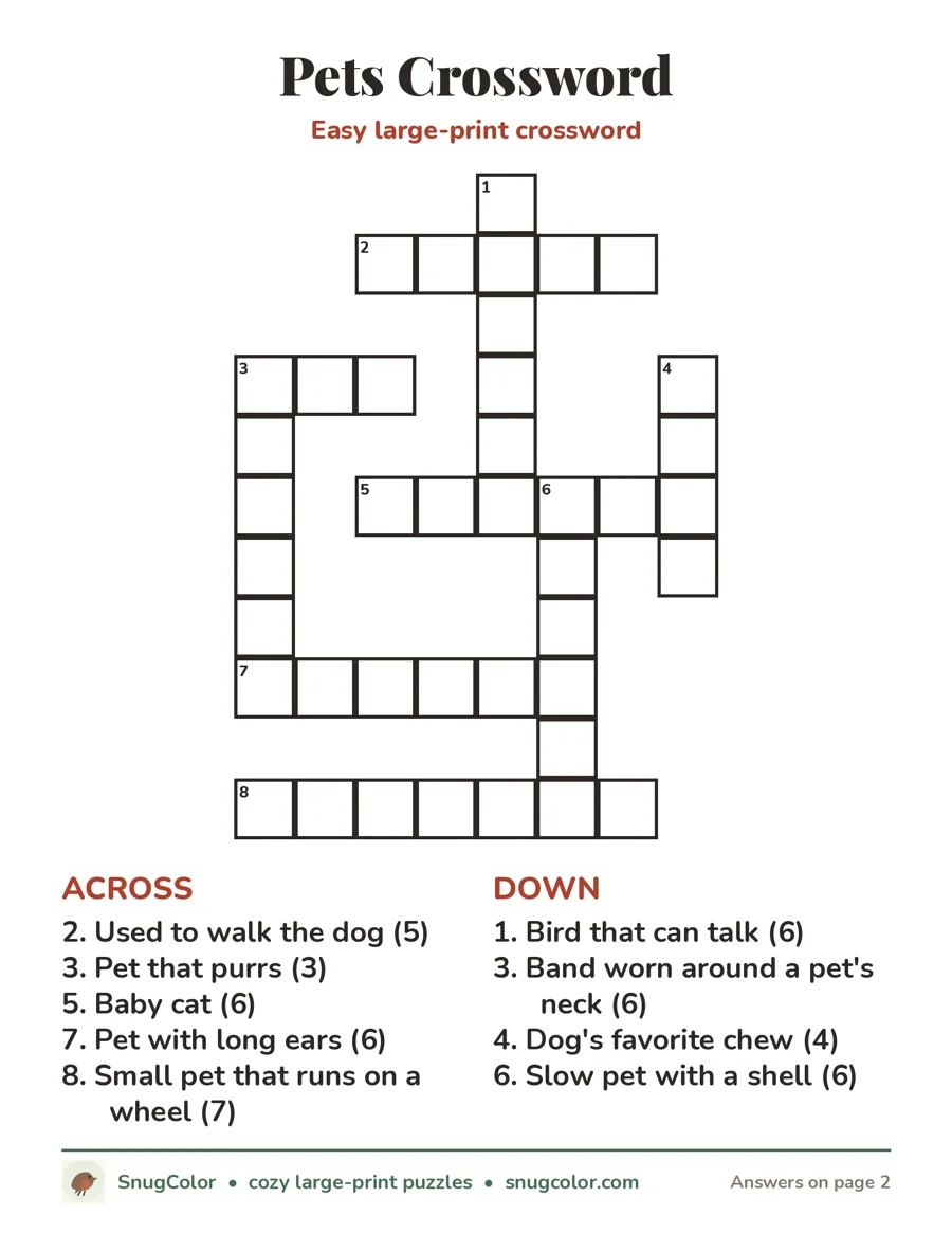 Pets Crossword, large print printable puzzle