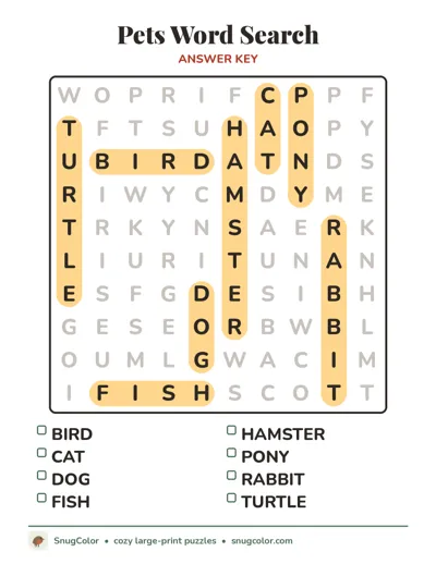 Answer key for Pets Word Search