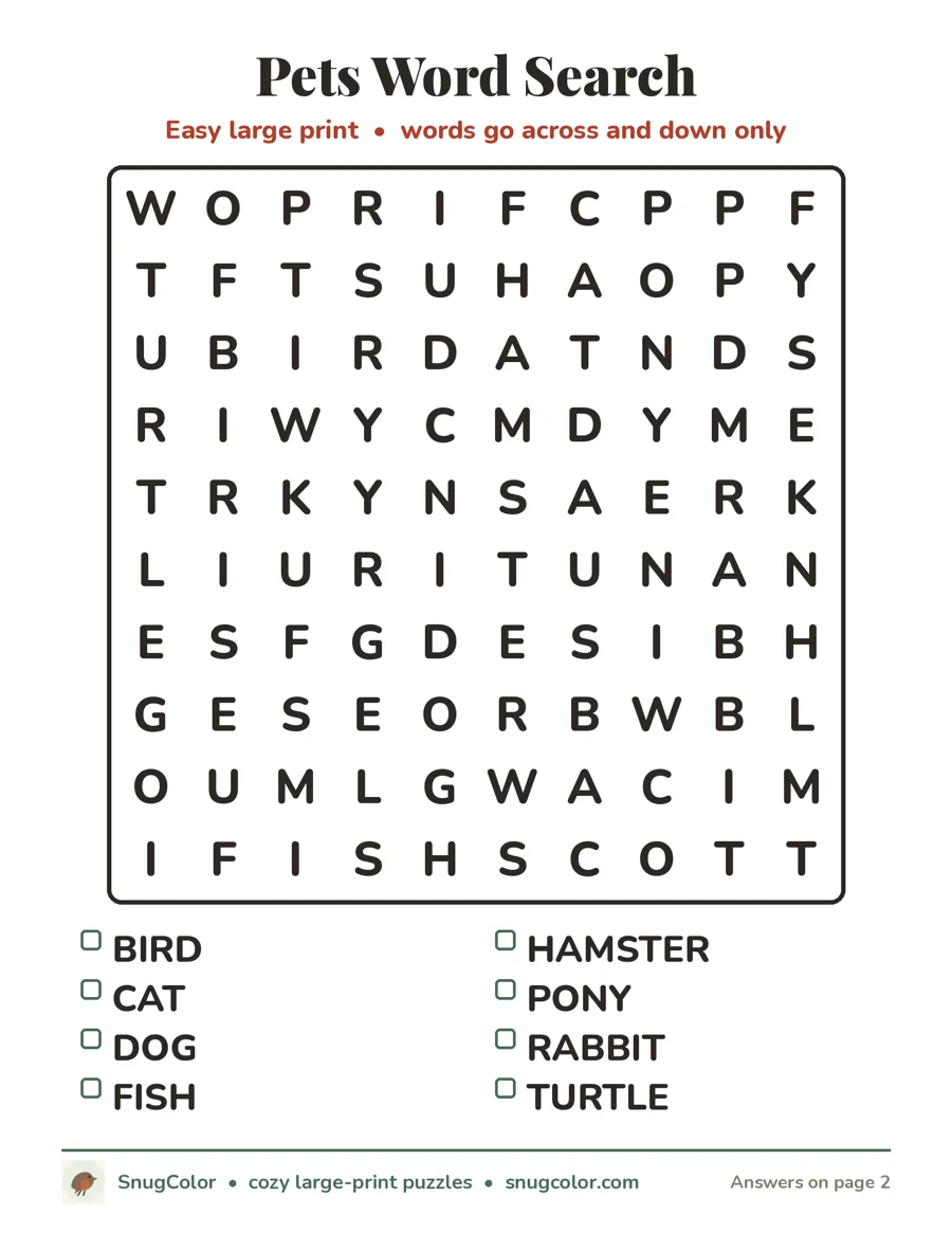 Pets Word Search, large print printable puzzle