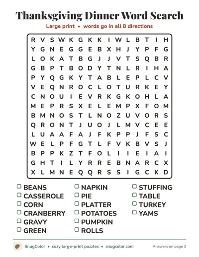 Thanksgiving Dinner Word Search: free large print printable