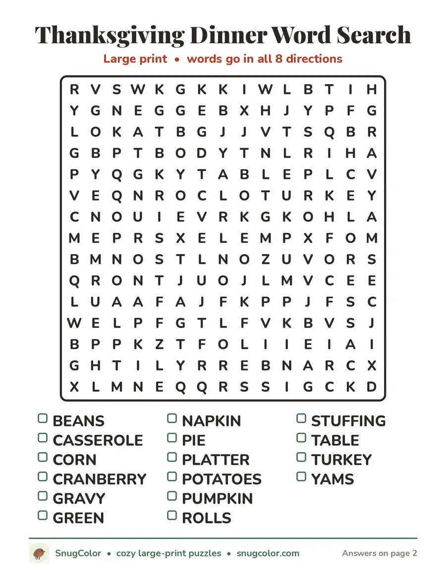 Thanksgiving Dinner Word Search, large print printable puzzle
