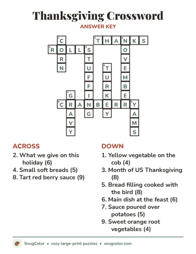 Answer key for Thanksgiving Crossword
