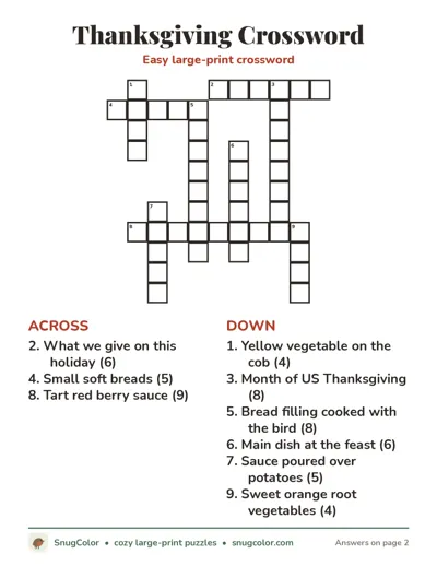 Thanksgiving Crossword: free large print printable