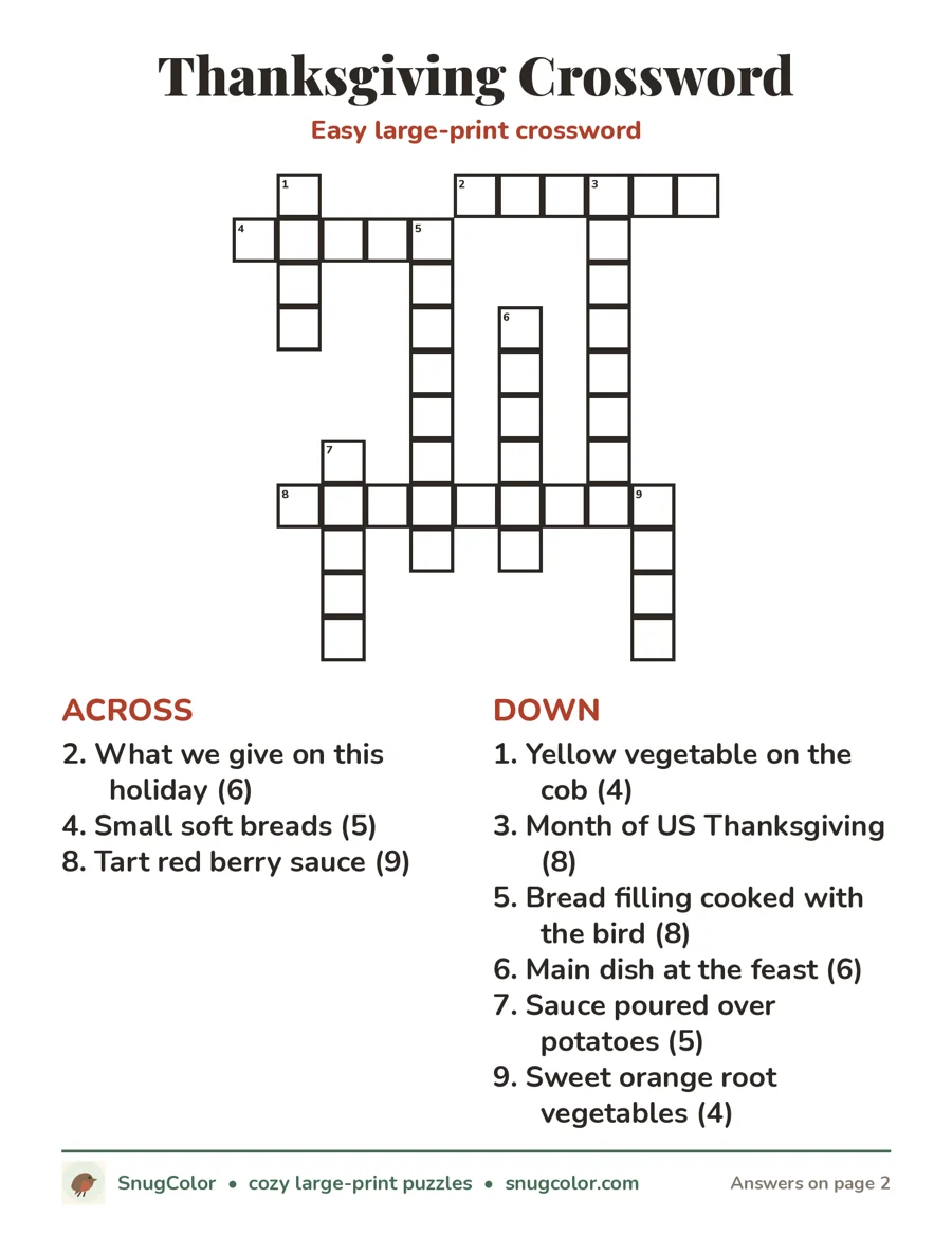 Thanksgiving Crossword, large print printable puzzle
