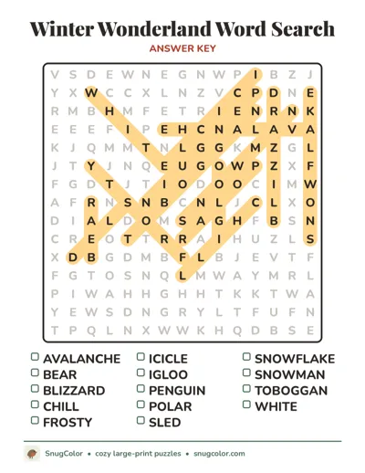 Answer key for Winter Wonderland Word Search