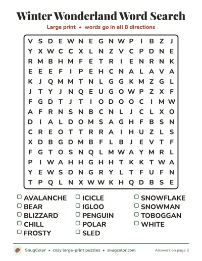 Winter Wonderland Word Search: free large print printable