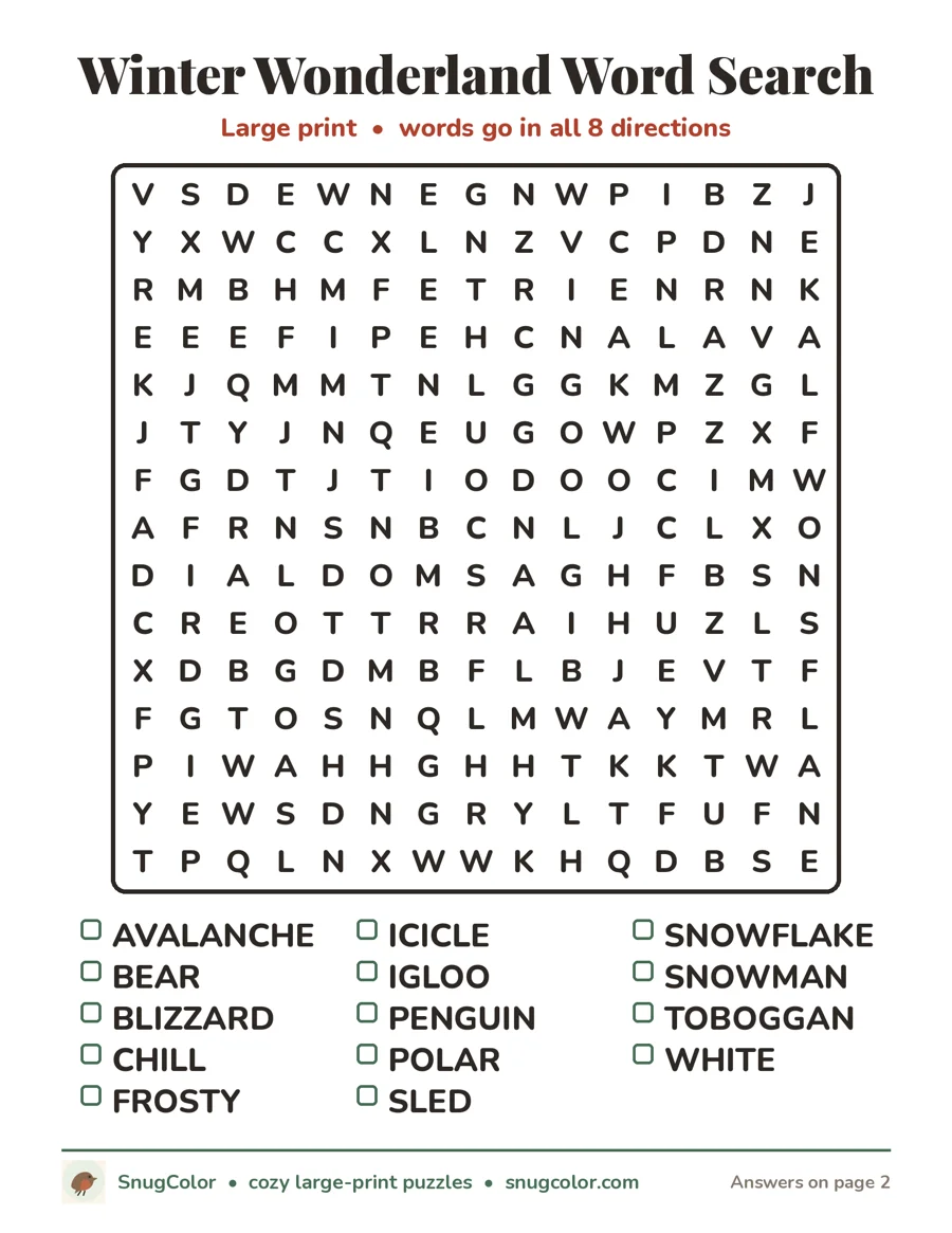 Winter Wonderland Word Search, large print printable puzzle
